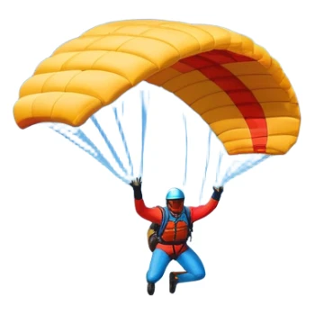 A base jumper soaring through the air, parachute deployed, flying off a steep mountain peak. The background is filled with majestic mountains, clear blue sky, and distant clouds, capturing the exhilarating thrill and beauty of extreme sports. sticker