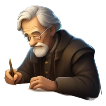 Old Man writing document with paper and quill in dark room with candles  sticker