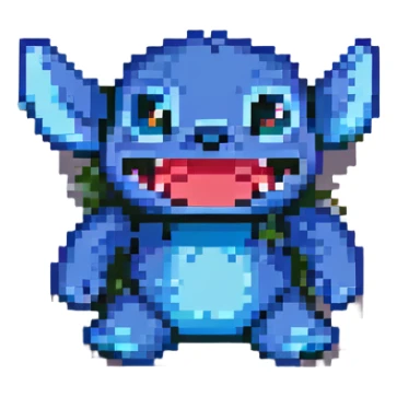 Stitch from Lilo & Stitch, pixel art style, sneaking, mischievous grin, low to the ground sticker