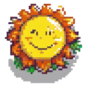 cheerful sun with a smiley face, pixel art style sticker