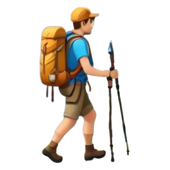Icon for Mountain Tourism: a scenic mountain range with a hiker carrying a backpack, trekking poles, and a compass. The icon should evoke the adventure and beauty of exploring the mountains. Transparent background. sticker
