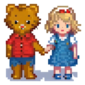 Daniel Tiger and Taylor Swift together, holding hands, pixel art style, simple and charming, cute and minimalistic sticker