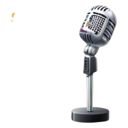 Create a glamorous and vibrant emoji that represents pop or stage vocal performance. The design should feature an empty stage with concert lighting. Include elements like an iconic stage microphone with a sparkling, rhinestone-studded microphone stand, set on a red carpet, a celebratory firework display in the background and a ribbon of musical notes flowing around the scene to symbolize the performance's energy. Use bright colors like gold, red, and silver to emphasize the excitement and glitz of the pop vocal world. The background should be transparent. sticker