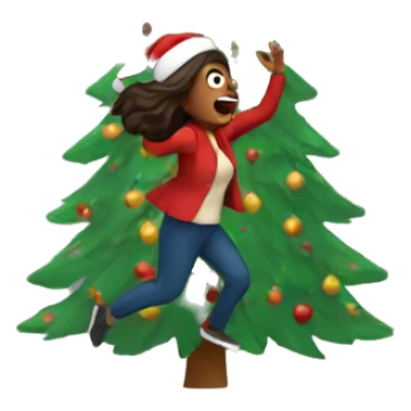 woman running scared from Christmas tree sticker