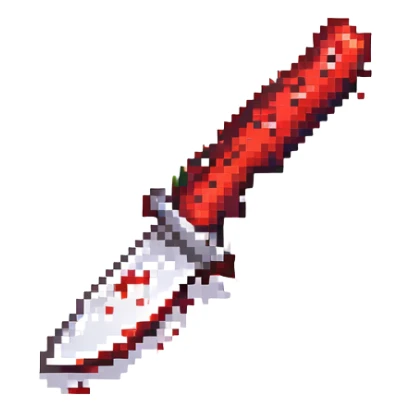 3D pixel art style knife with red blood details, stylized and striking appearance sticker