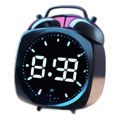Create a modern alarm clock with a holographic display, on a nightstand in a futuristic bedroom." sticker