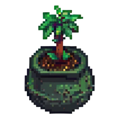 A small green plant in a pot with earth sticker