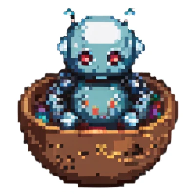 small robot curled up in a round bowl, pixel art style sticker