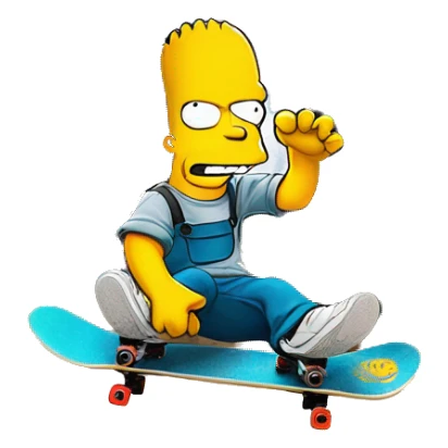 Bart Simpson, skateboard under his arm, poses in front of a graffiti-covered wall. He's giving the camera a playful smirk sticker
