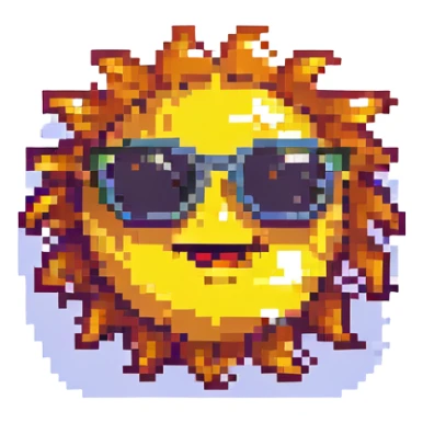 a smiling sun with sunglasses in pixel art style sticker