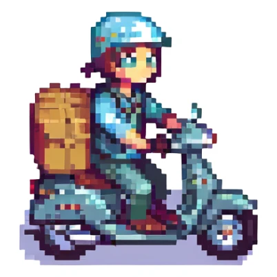 courier riding a moped, pixel art style, small and expressive sticker
