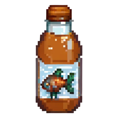 pixel art fish sauce bottle, small size, clear bottle, brown liquid, retro video game vibe sticker