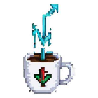 a cup of coffee with a rising stock market arrow sticker