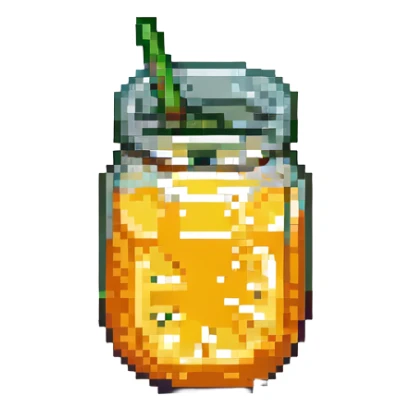 a glass of orange juice, pixel art style sticker