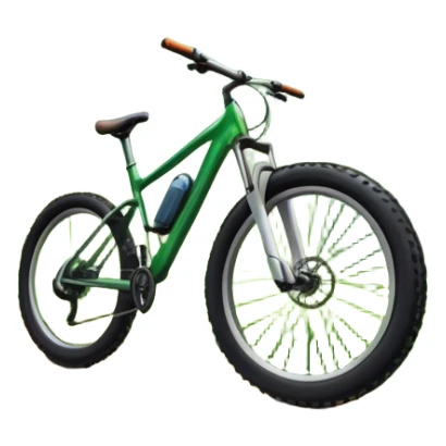 An icon showing a mountain bike with thick tires on a forest trail, surrounded by trees and natural terrain. The background features a lush green forest with sunlight filtering through the branches, and a winding path ahead. Transparent background highlights the  adventure of mountain biking. sticker