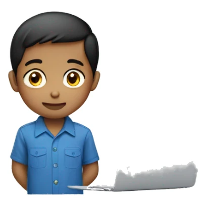 indonesian boy wearing a blue workshirt working on macbook sticker