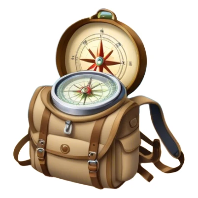 Icon for Expeditions: a compass, a map, and a backpack with trekking gear, set against a backdrop of snowy mountains, sand dunes, and tropical islands. The icon should represent the spirit of adventure and exploration in diverse landscapes. Transparent background. sticker