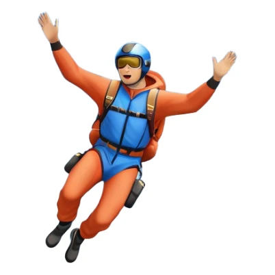 A base jumper soaring through the air, parachute deployed, flying off a steep mountain peak. The background is filled with majestic mountains, clear blue sky, and distant clouds, capturing the exhilarating thrill and beauty of extreme sports. sticker