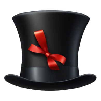 A black top hat displaying a red ribbon around the base. The ribbon forms a visible bow at the front, with the ends falling slightly over  sticker