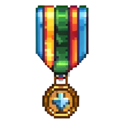 A colorful sponsor ribbon badge with a medal sticker