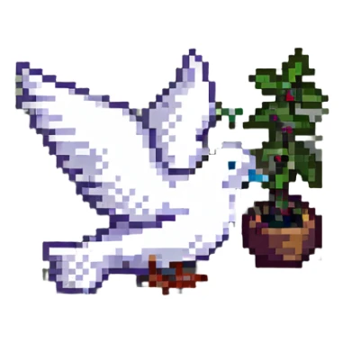 pixel art of a dove carrying an olive branch, with 'NGO' text sticker
