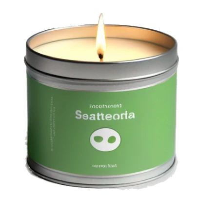 lit matcha scented candle in a silver tin with a small white label realistic sticker