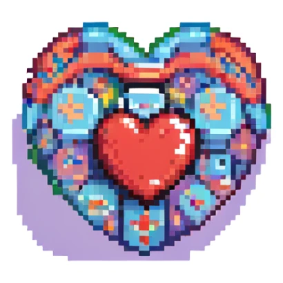 a heart with accessories, retro and vibrant, pixel art style sticker
