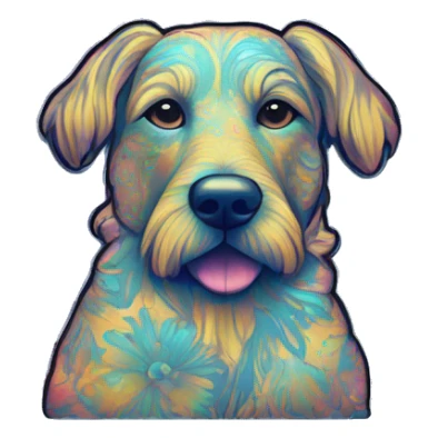 retro groovy hippie trippy floral patterns on a metallic holographic iridescent blue dog sticker
