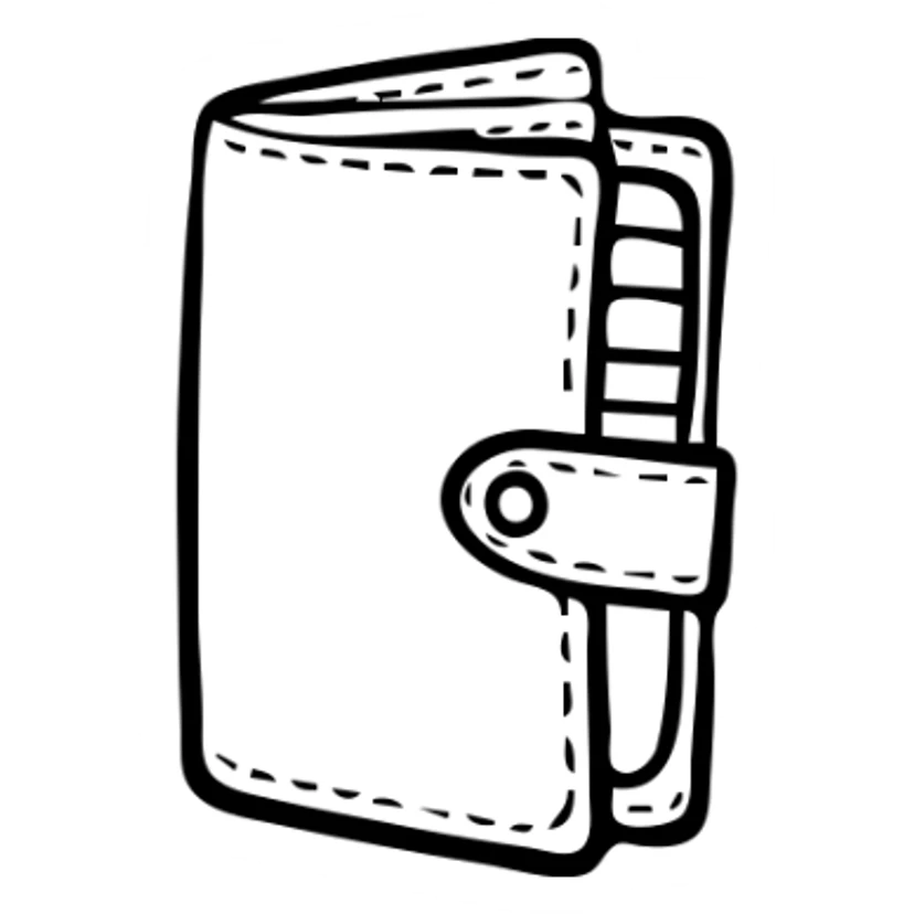 A wallet with a snap closure and some credit card slots visible sticker