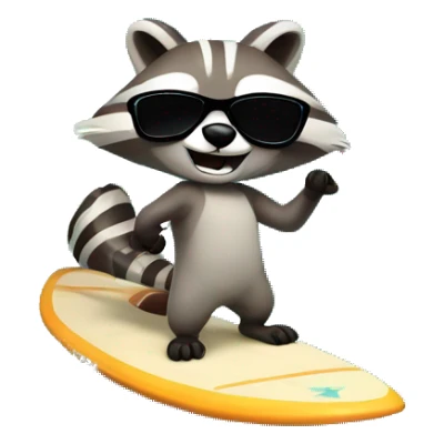 A racoon with sunglasses on a wave with a surfboard sticker