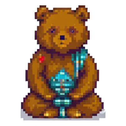 pixel art meditative bear, retro style, warm muted colors, subtle grain, nostalgic aesthetic sticker