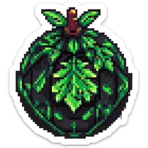 Green digital bomb with leaf-shaped fuse at the top, round black bomb body with green accents, pixel art style sticker