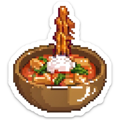 tteokbokki, spicy Korean rice cakes, pixel art, small bowl, steam, cute sticker