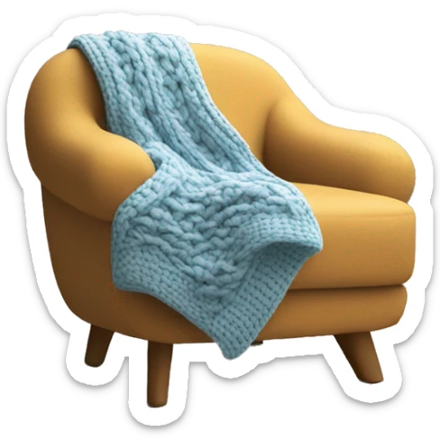 Design an inviting emoji of a chunky knit blanket folded on a comfy chair, with a cup of coffee nearby, evoking a cozy home setting. sticker