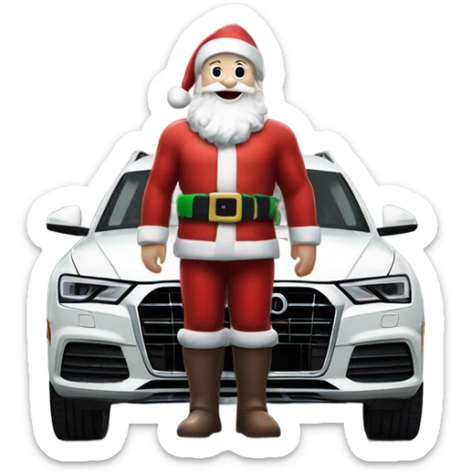 Santa Claus standing next to a white Audi Q3 with shiny rims and modern headlights in a festive, snowy setting. sticker