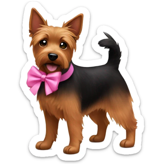 Brown and black Australian terrier dog wearing a pink bow around neck sticker