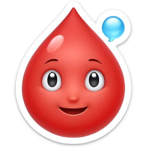 Cute red emoji character shaped like a droplet or jelly bean, with expressive eyes and a clever smile. Holding a small compressed bubble of content, like a tiny scroll or speech balloon. Symbolizes fast, smart summarization. Friendly and modern look, minimal lines, clean white background. sticker