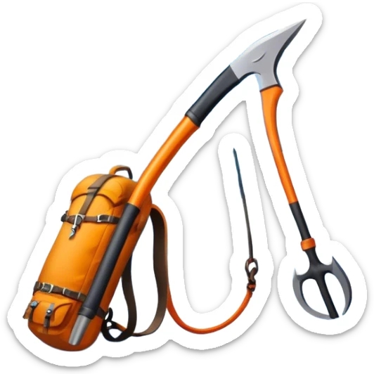 Icon for Mountain Tourism and Climbing: a mountain peak in the background, an ice axe, and climbing gear. The icon should capture the adventure and challenge of alpine exploration. Transparent background. sticker