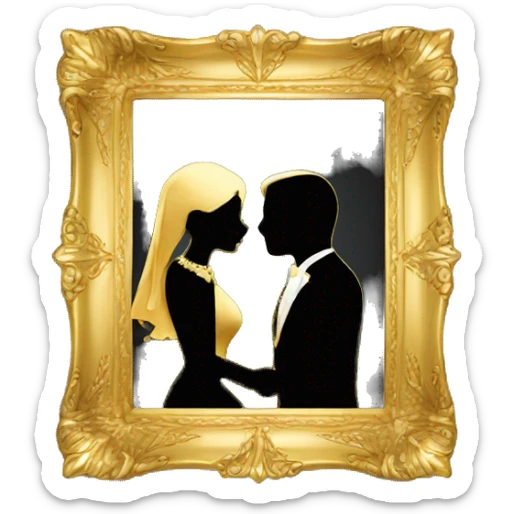 Luxury gold frame with black silhouette of wedding couple kissing,  sticker