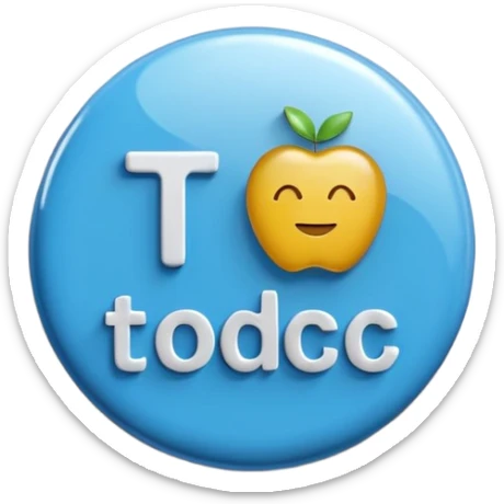 A glossy, three-dimensional emoji pin badge showing the text "TODOC". The font is modern, rounded, sans-serif, and colored in a professional medical blue. The badge has soft edges and reflections, in the style of Apple emojis. White background. sticker