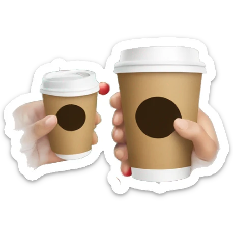 two hands holding paper coffee cups on a photo of a Christmas tree sticker