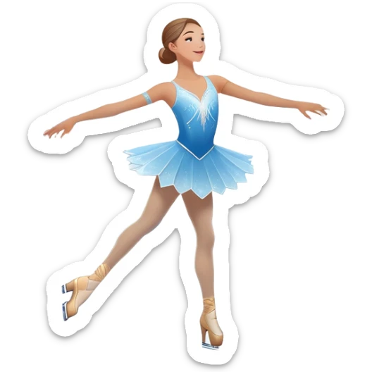 An icon showing a graceful figure skater performing a spin on the ice in a grand ice palace. The rink is illuminated by soft light beams, with cheering spectators in the stands. Snowflakes gently fall, adding to the magical atmosphere. Transparent background highlights elegance and artistry. sticker