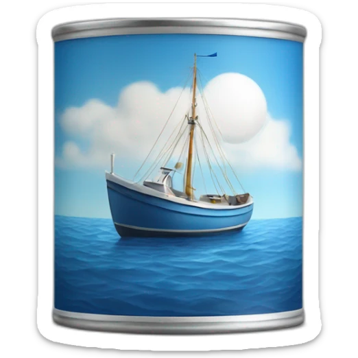 Realistic small can of tuna showing a sailling boat only blue colors sticker