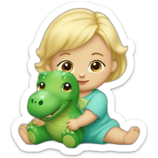 A blond baby girl, 3 months old, holding a green dino teddy bear  sticker