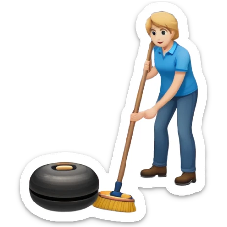 An icon featuring a curling stone sliding across the ice, with a broom nearby. The scene includes the curling rink, with its distinctive circles, and a vibrant crowd in the stands. Snowflakes fall outside the arena, and bright lights illuminate the ice. Transparent background. sticker