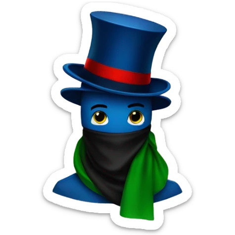 a blue stickman with black tophat with red line and a green scarf sticker