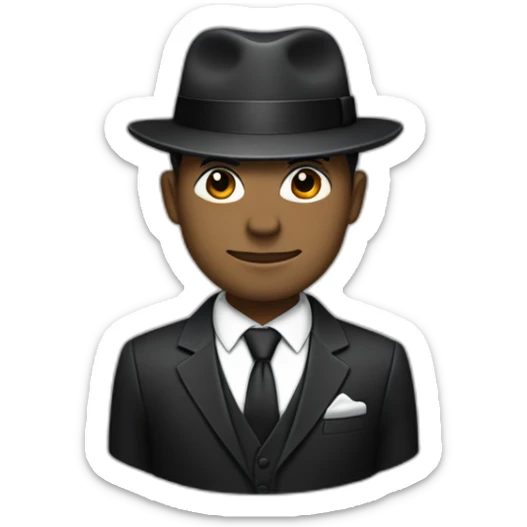 A cobalt black/grey skined man wearing a black formal suit with a black tie, wearing a fedora with a white accent color and no pupils. sticker