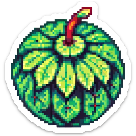 Green digital bomb animation frame 2, round bomb body with green highlights, shorter leaf-shaped fuse at top, small green glow, nature-inspired design, pixel art style sticker