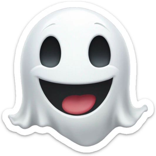 ghost with a round white body, raised arms, and one eye winking. The ghost should have the same playful expression but with a different mouth—give it a big, happy open smile instead of a tongue sticking out. Keep the design simple and cute sticker