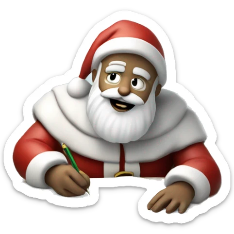 White Santa Claus is sitting on a desk, writing something down on a sheet of paper, solving complicated math puzzles sticker